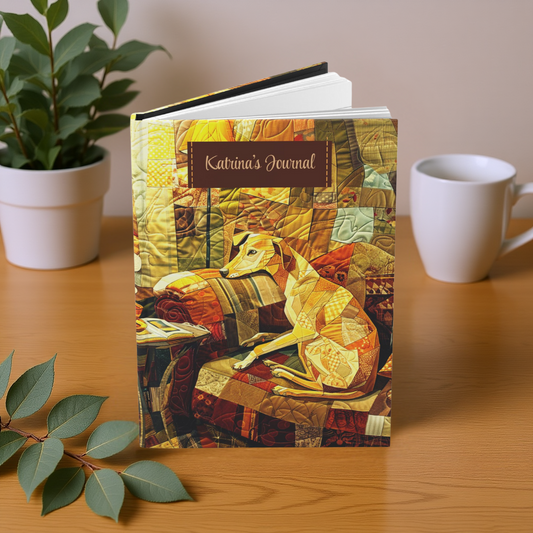 Quilted-Look Whippet Journal - Cozy Patchwork Sofa Scene, Dog Gift