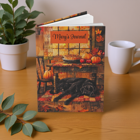 Quilted-Look Black Lab Journal - Cozy Autumn Kitchen Scene, Dog Gift