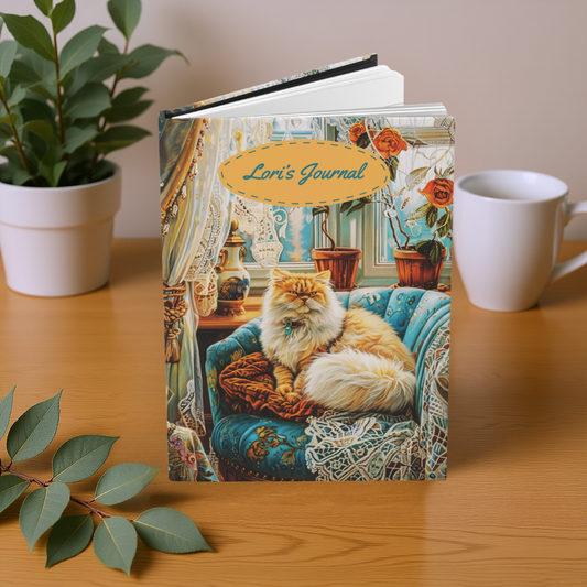 Quilted-Look Persian Cat Journal - Vintage Parlor Scene, Cat Lover Gift