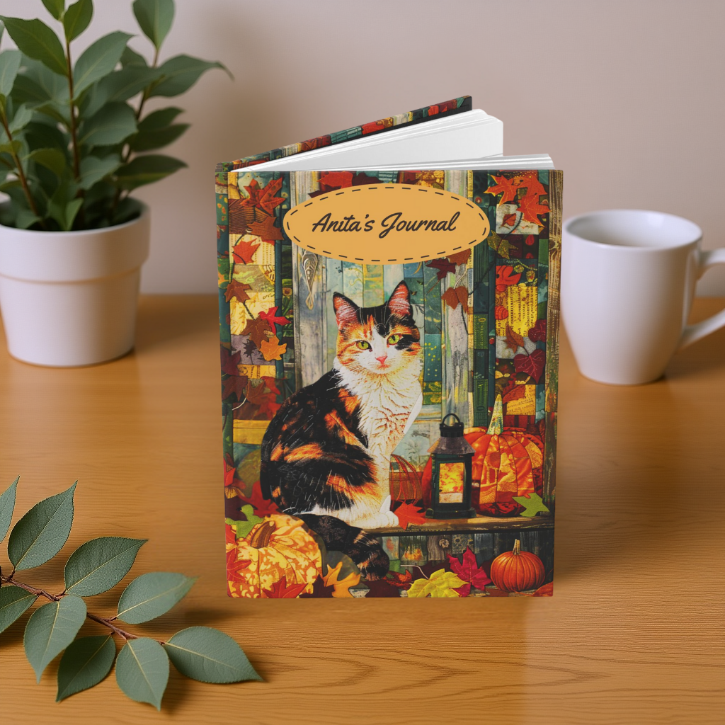 Quilted-Look Calico Cat Journal - Autumn Lantern Scene, Cat Lover Gift
