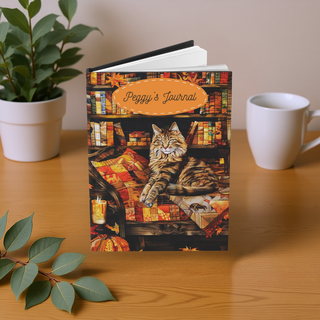 Quilted-Look Maine Coon Journal - Cozy Bookshelf Scene, Cat Lover Gift