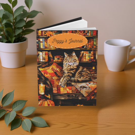Quilted-Look Maine Coon Journal - Cozy Bookshelf Scene, Cat Lover Gift