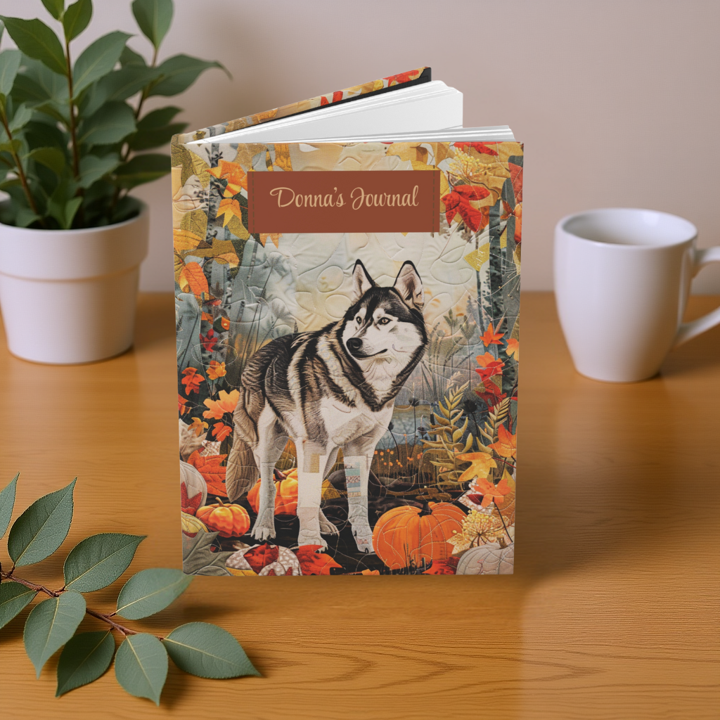 Quilted-Look Husky Journal - Autumn Forest Scene, Dog Lover Gift