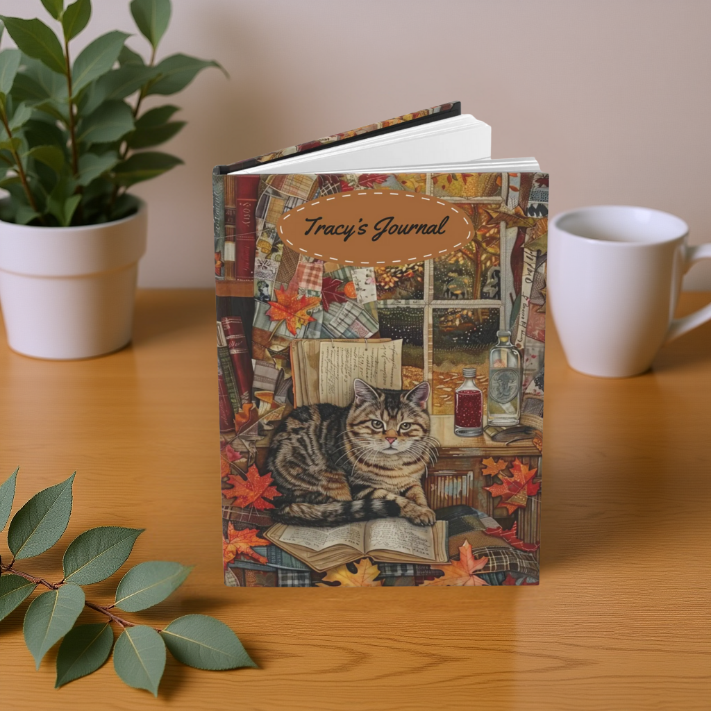 Quilted-Look Scottish Fold Journal - Autumn Study Scene, Cat Lover Gift
