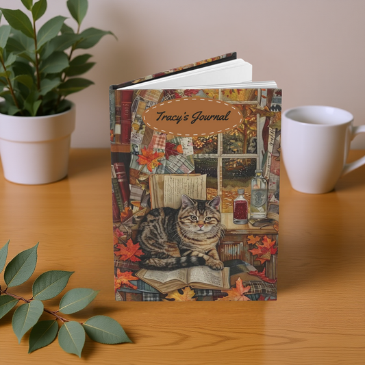 Quilted-Look Scottish Fold Journal - Autumn Study Scene, Cat Lover Gift