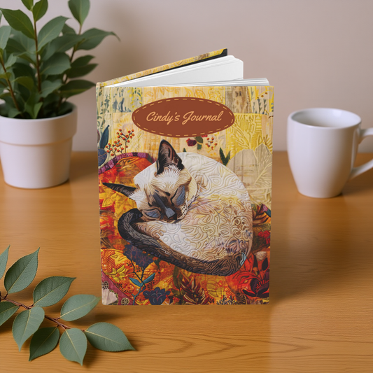 Quilted-Look Siamese Cat Journal - Cozy Autumn Nap Scene, Cat Gift