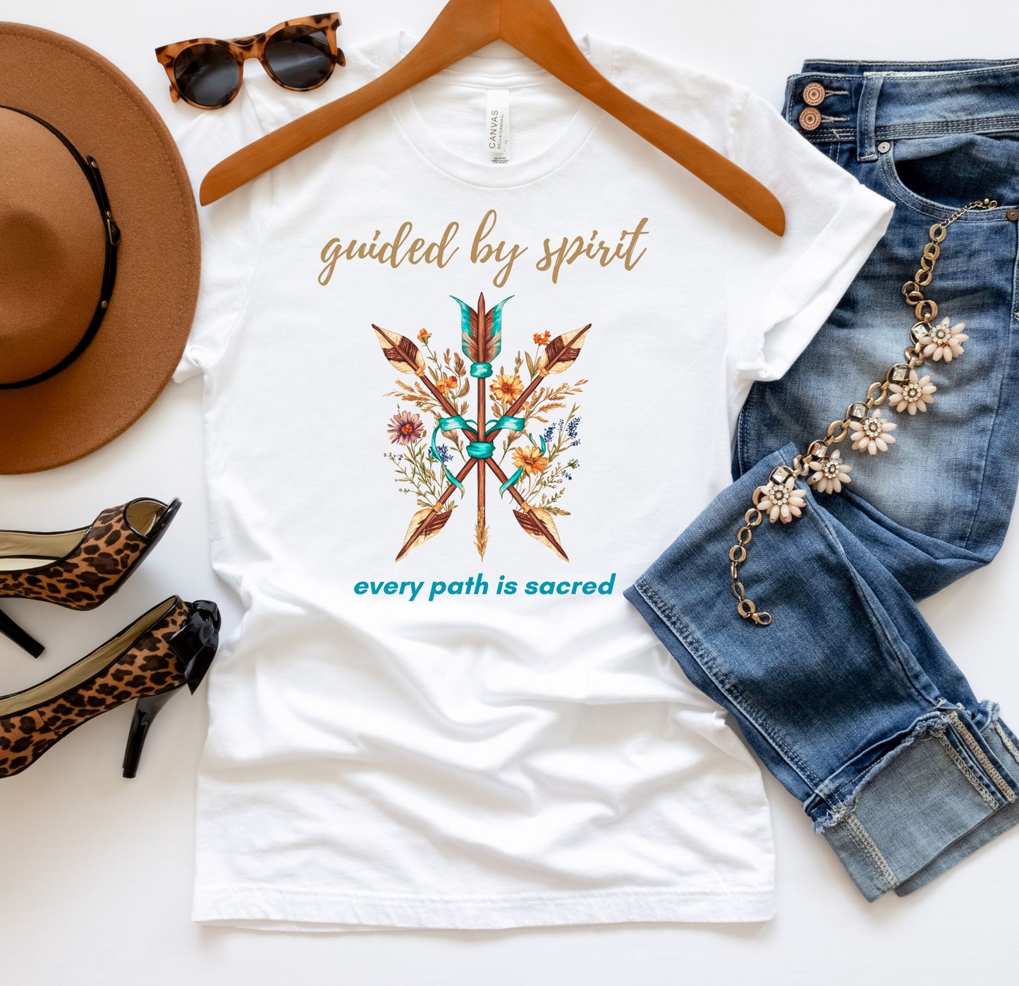 Guided by Spirit Boho T-Shirt – Floral Arrows Graphic Tee | Sacred Path Quote Shirt | Wildflower Nature Shirt