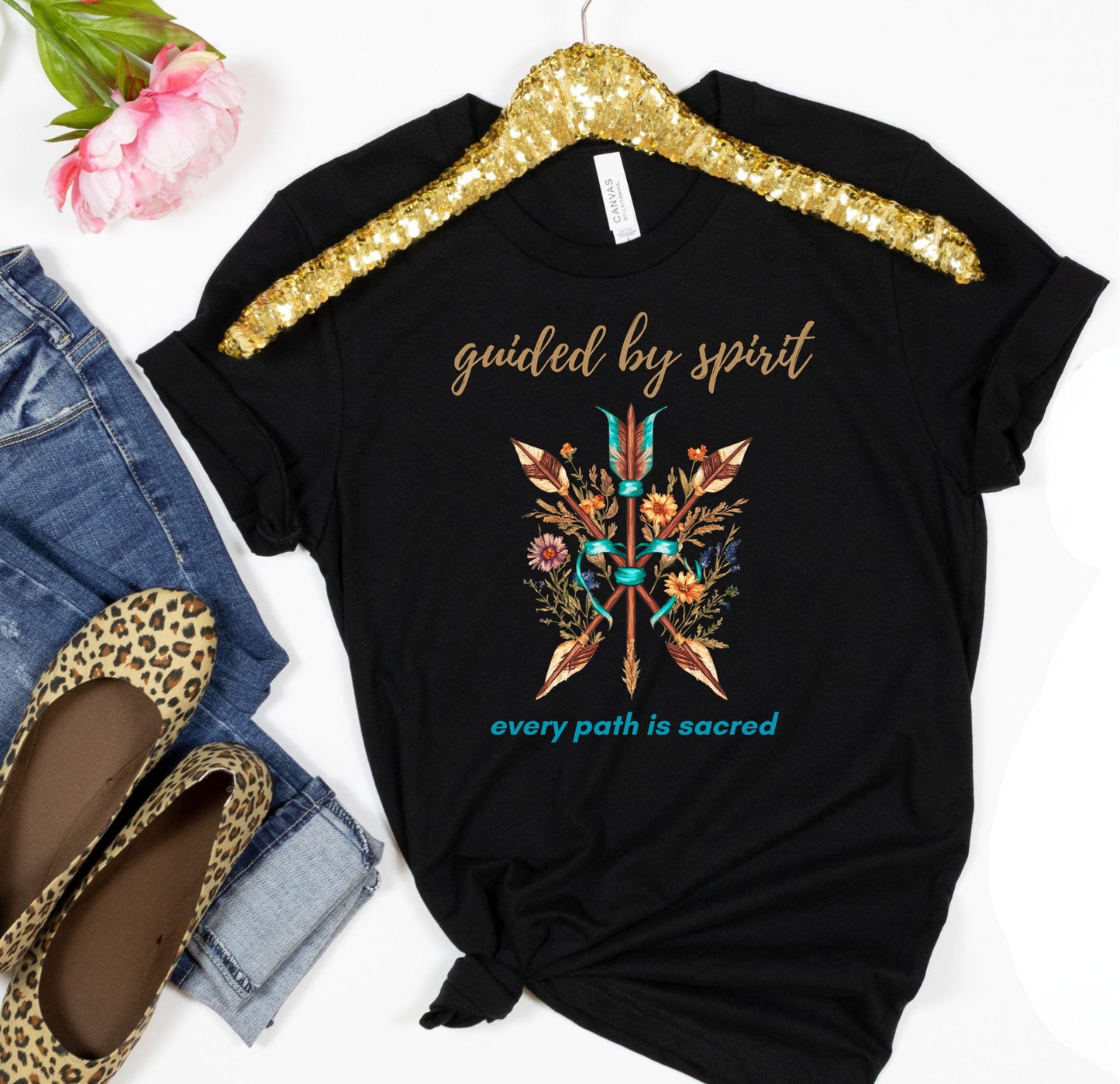 Guided by Spirit Boho T-Shirt – Floral Arrows Graphic Tee | Sacred Path Quote Shirt | Wildflower Nature Shirt
