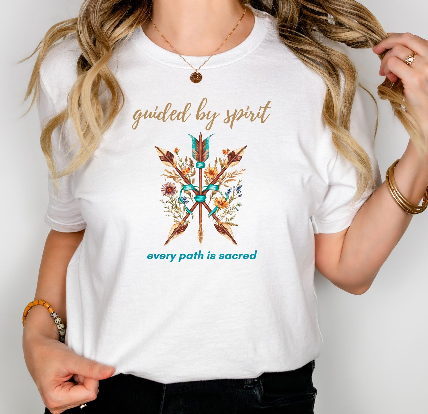Guided by Spirit Boho T-Shirt – Floral Arrows Graphic Tee | Sacred Path Quote Shirt | Wildflower Nature Shirt