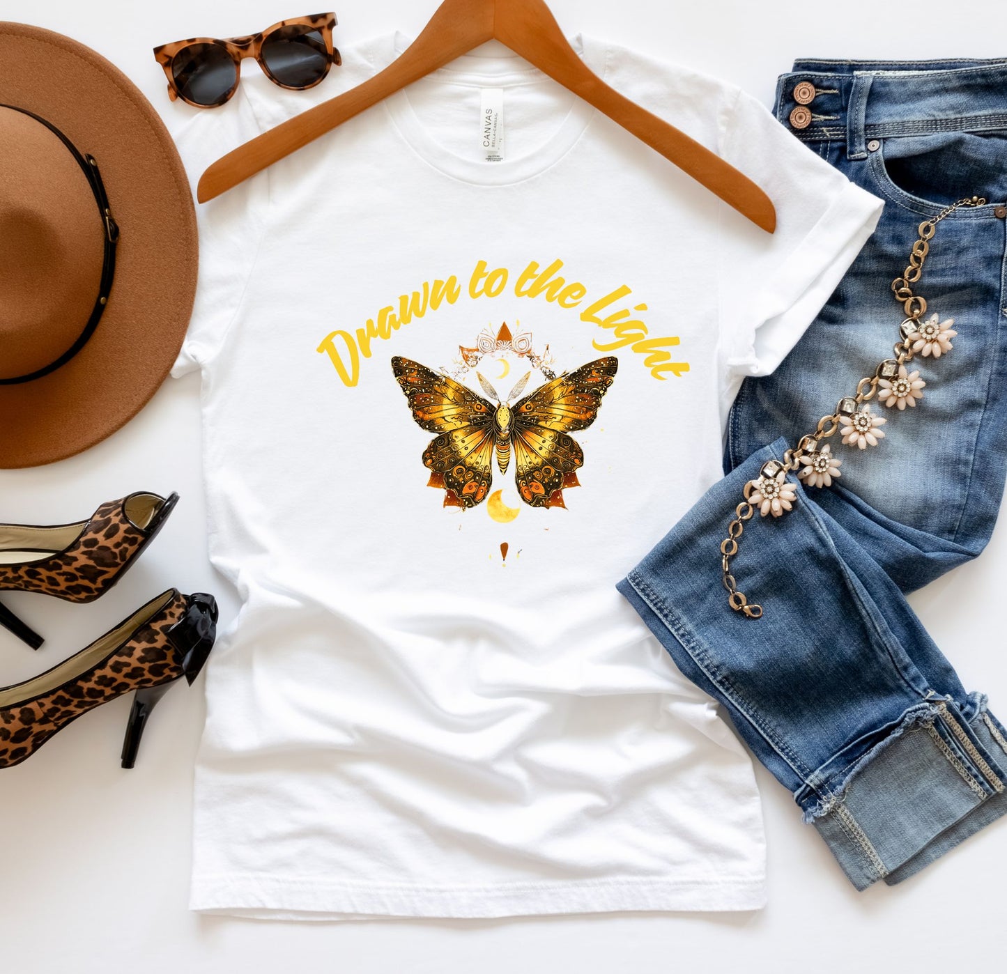 Drawn to the Light Shirt | Celestial Butterfly T-Shirt | Boho Sun Moon Tee | Spiritual Graphic Shirt for Her | Festival Top