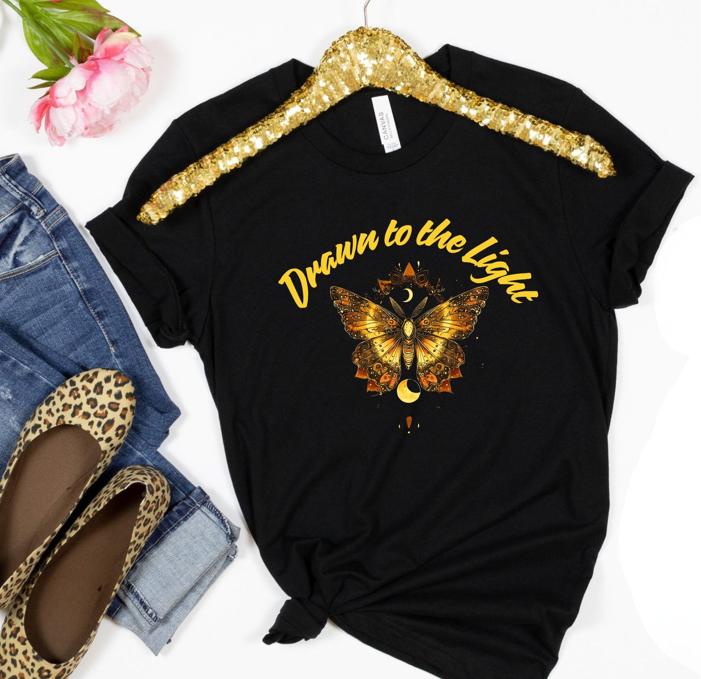 Drawn to the Light Shirt | Celestial Butterfly T-Shirt | Boho Sun Moon Tee | Spiritual Graphic Shirt for Her | Festival Top