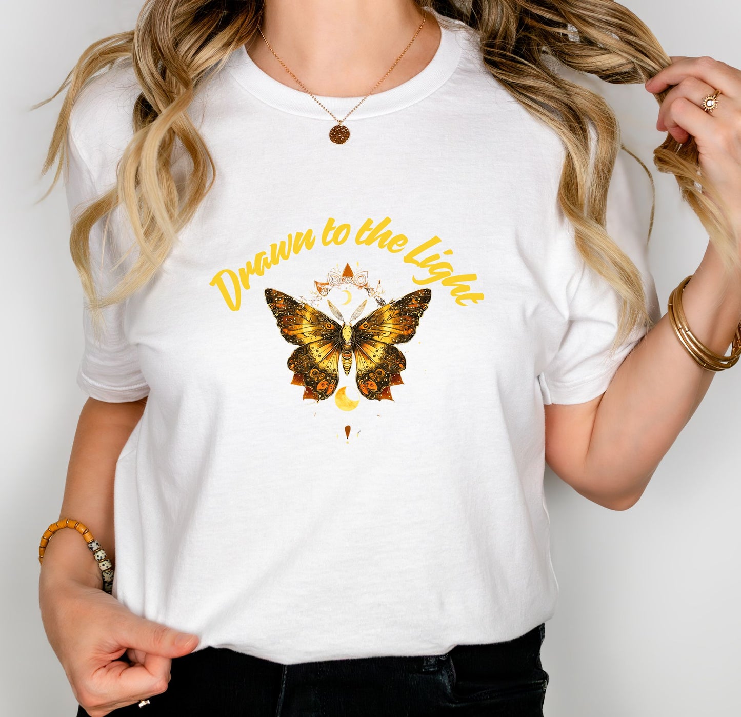 Drawn to the Light Shirt | Celestial Butterfly T-Shirt | Boho Sun Moon Tee | Spiritual Graphic Shirt for Her | Festival Top