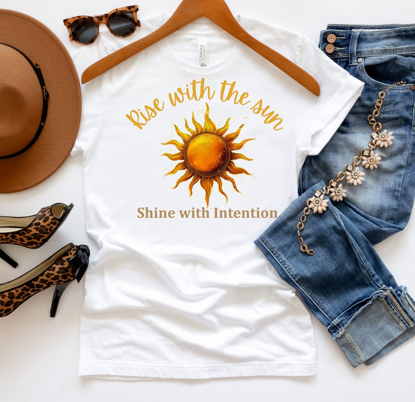Rise with the Sun T-Shirt – Celestial Boho Tee with Front & Back Design | Shine with Intention Spiritual Shirt | Sun, Moon & Star Graphic