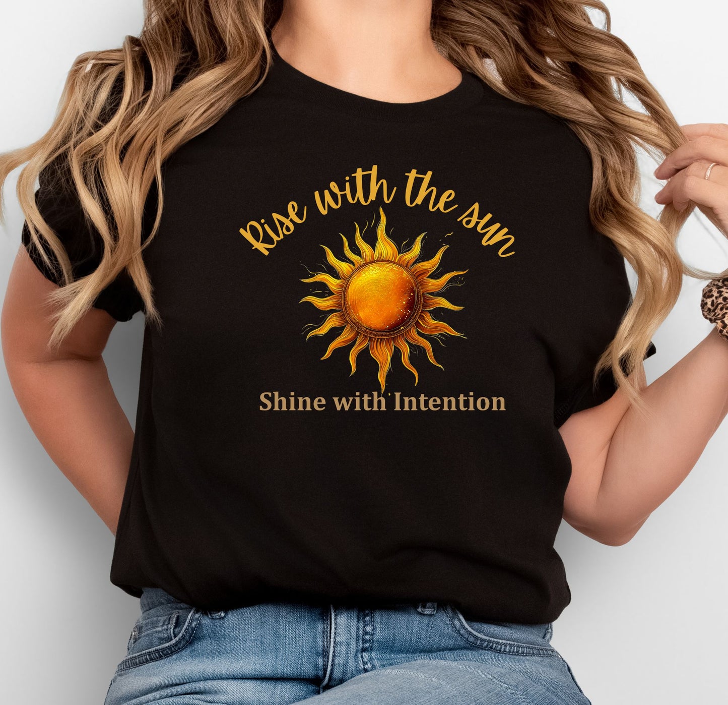 Rise with the Sun T-Shirt – Celestial Boho Tee with Front & Back Design | Shine with Intention Spiritual Shirt | Sun, Moon & Star Graphic