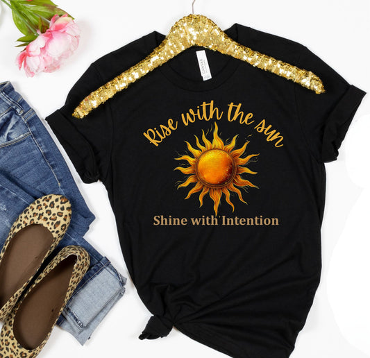 Rise with the Sun T-Shirt – Celestial Boho Tee with Front & Back Design | Shine with Intention Spiritual Shirt | Sun, Moon & Star Graphic