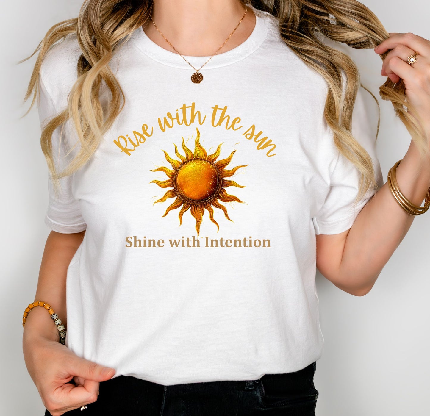 Rise with the Sun T-Shirt – Celestial Boho Tee with Front & Back Design | Shine with Intention Spiritual Shirt | Sun, Moon & Star Graphic