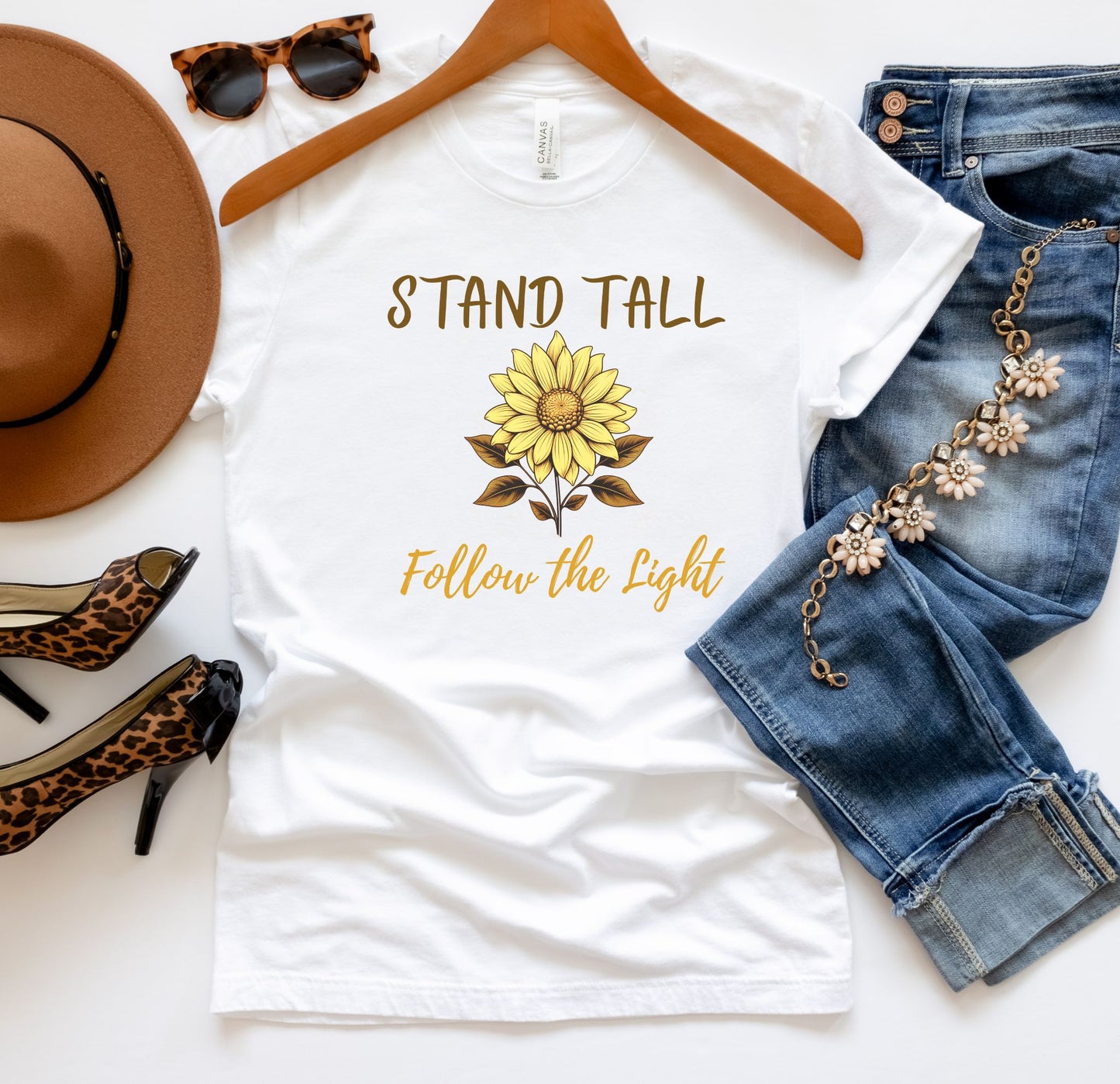 Stand Tall Sunflower T-Shirt – Inspirational Boho Tee with Front & Back Design | Follow the Light Positive Affirmation Shirt