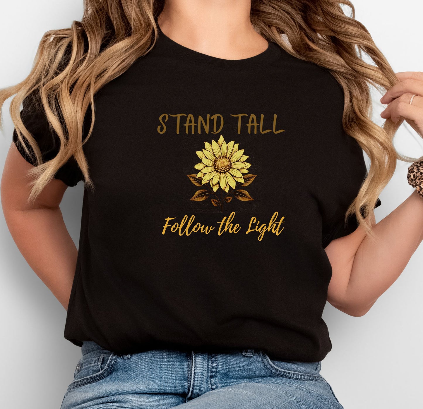 Stand Tall Sunflower T-Shirt – Inspirational Boho Tee with Front & Back Design | Follow the Light Positive Affirmation Shirt