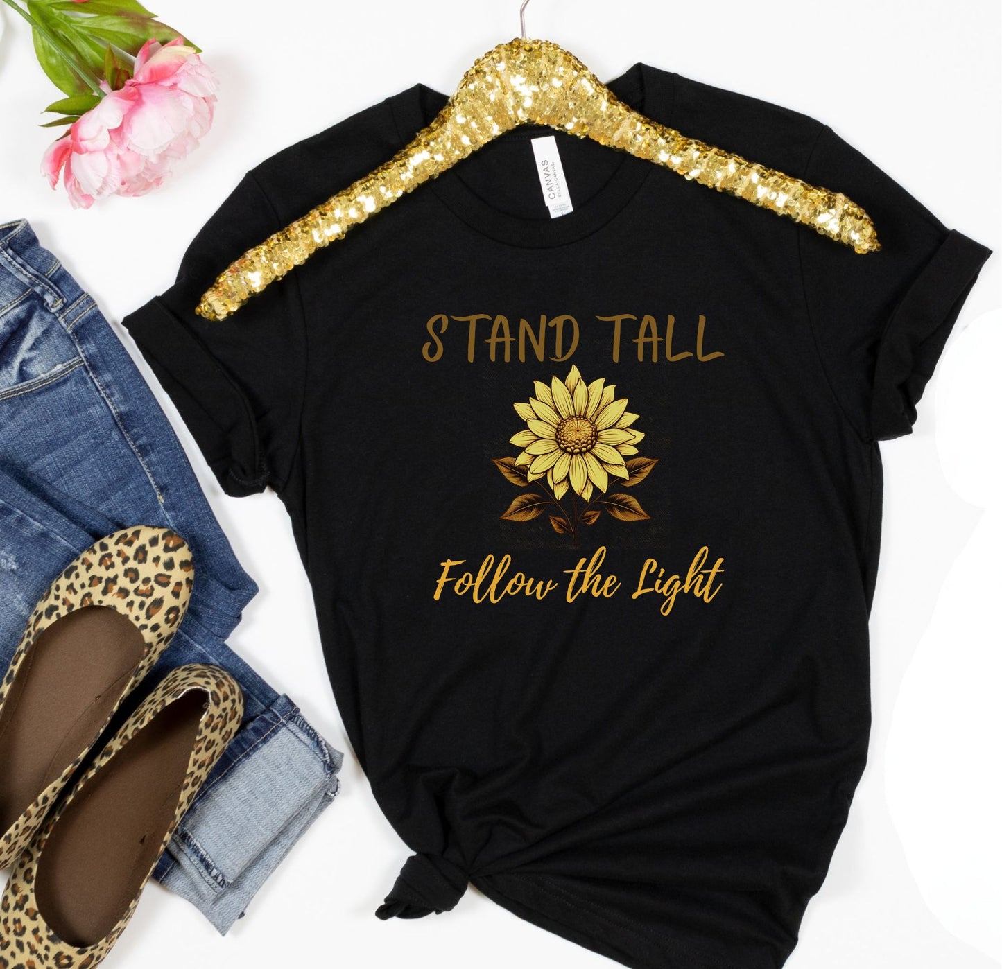 Stand Tall Sunflower T-Shirt – Inspirational Boho Tee with Front & Back Design | Follow the Light Positive Affirmation Shirt