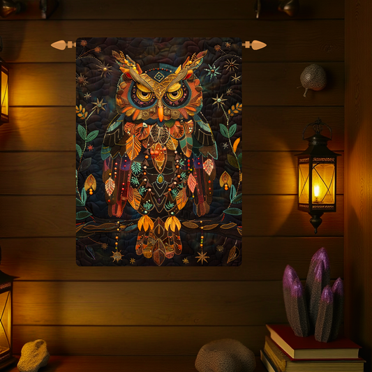 Boho Owl Tapestry Wall Hanging – Woven Wall Art with Rod Pocket, Celestial Forest Owl Decor, Mystical Bohemian Home Accent