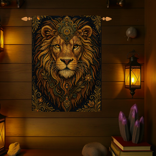 Boho Lion Woven Wall Tapestry – Regal Jungle Decor | Mystical Woven Art for Boho Wall Aesthetic | 26x36 Rod Pocket Tapestry
