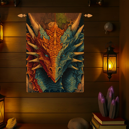 Dual Element Dragon Woven Wall Tapestry – Fire and Ice Decor, Mystical Boho Wall Hanging, Fantasy Gift, 26x36 Rod Pocket Tapestry