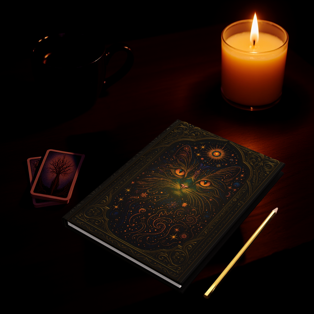 Celestial Cat Journal with Mystical Wraparound Art – Boho Hardcover Notebook – Spiritual Gift for Writers – Optional Personalized Back