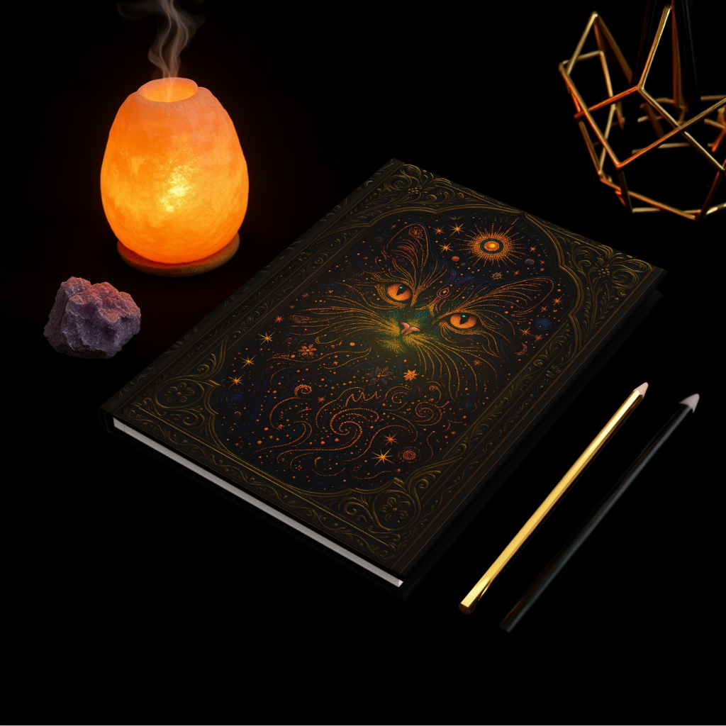 Celestial Cat Journal with Mystical Wraparound Art – Boho Hardcover Notebook – Spiritual Gift for Writers – Optional Personalized Back