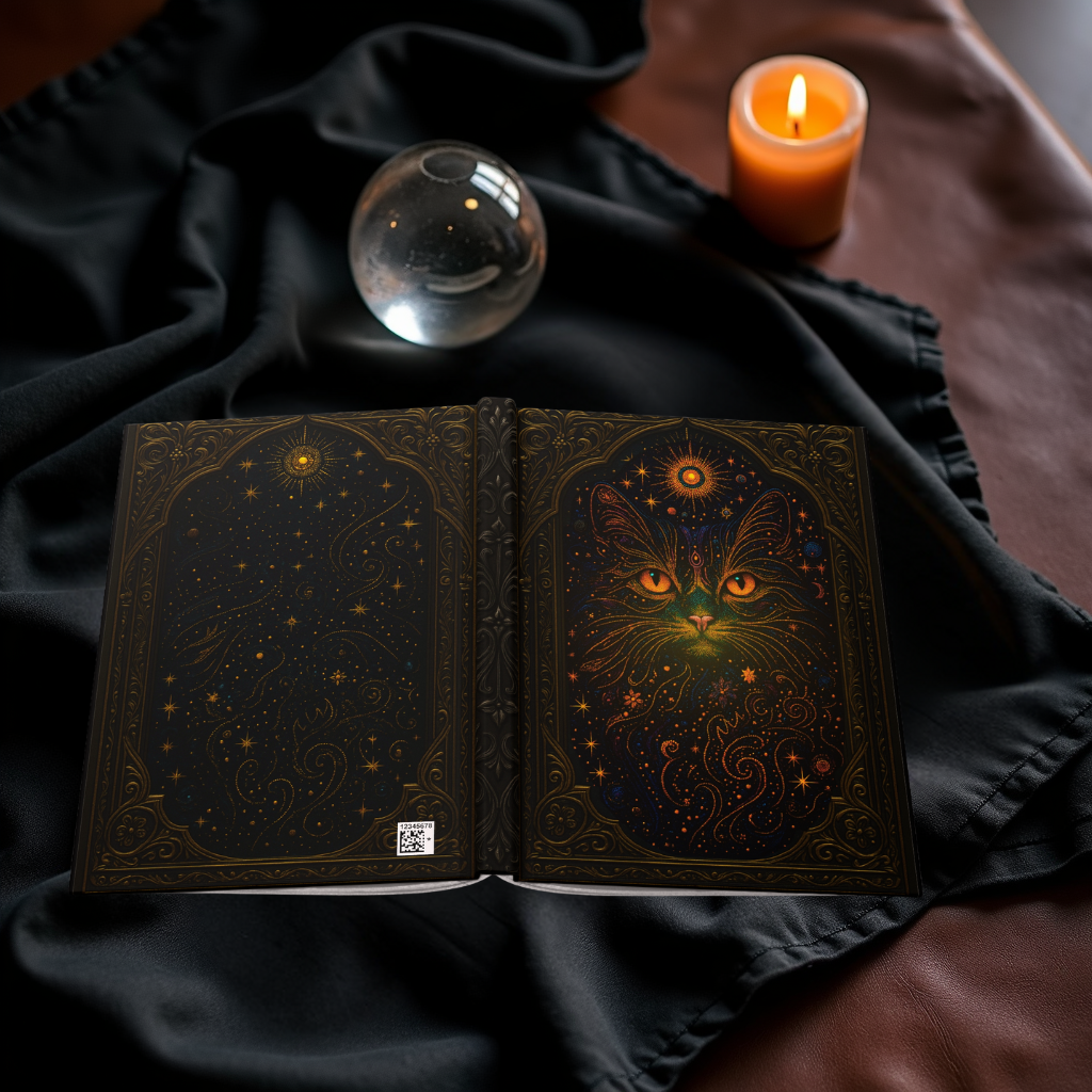 Celestial Cat Journal with Mystical Wraparound Art – Boho Hardcover Notebook – Spiritual Gift for Writers – Optional Personalized Back
