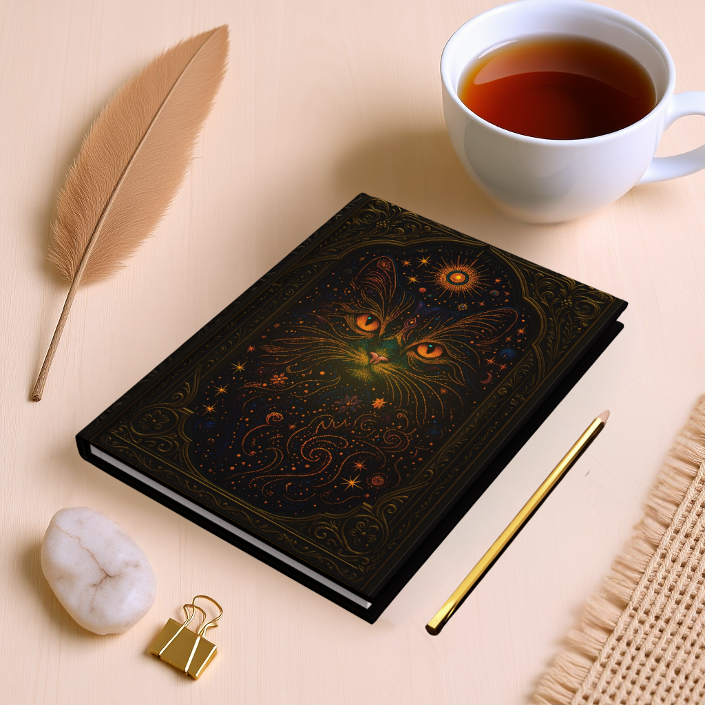 Celestial Cat Journal with Mystical Wraparound Art – Boho Hardcover Notebook – Spiritual Gift for Writers – Optional Personalized Back