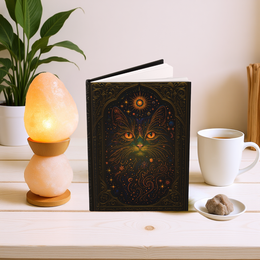Celestial Cat Journal with Mystical Wraparound Art – Boho Hardcover Notebook – Spiritual Gift for Writers – Optional Personalized Back