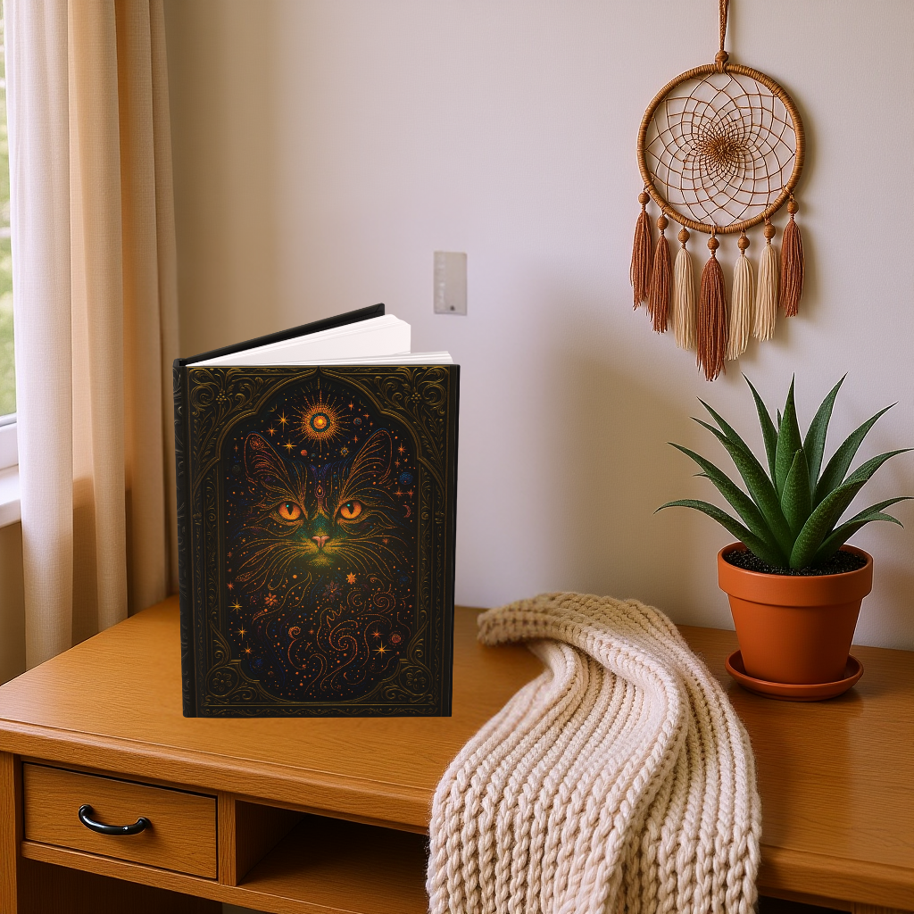Celestial Cat Journal with Mystical Wraparound Art – Boho Hardcover Notebook – Spiritual Gift for Writers – Optional Personalized Back