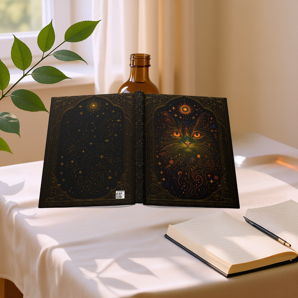 Celestial Cat Journal with Mystical Wraparound Art – Boho Hardcover Notebook – Spiritual Gift for Writers – Optional Personalized Back