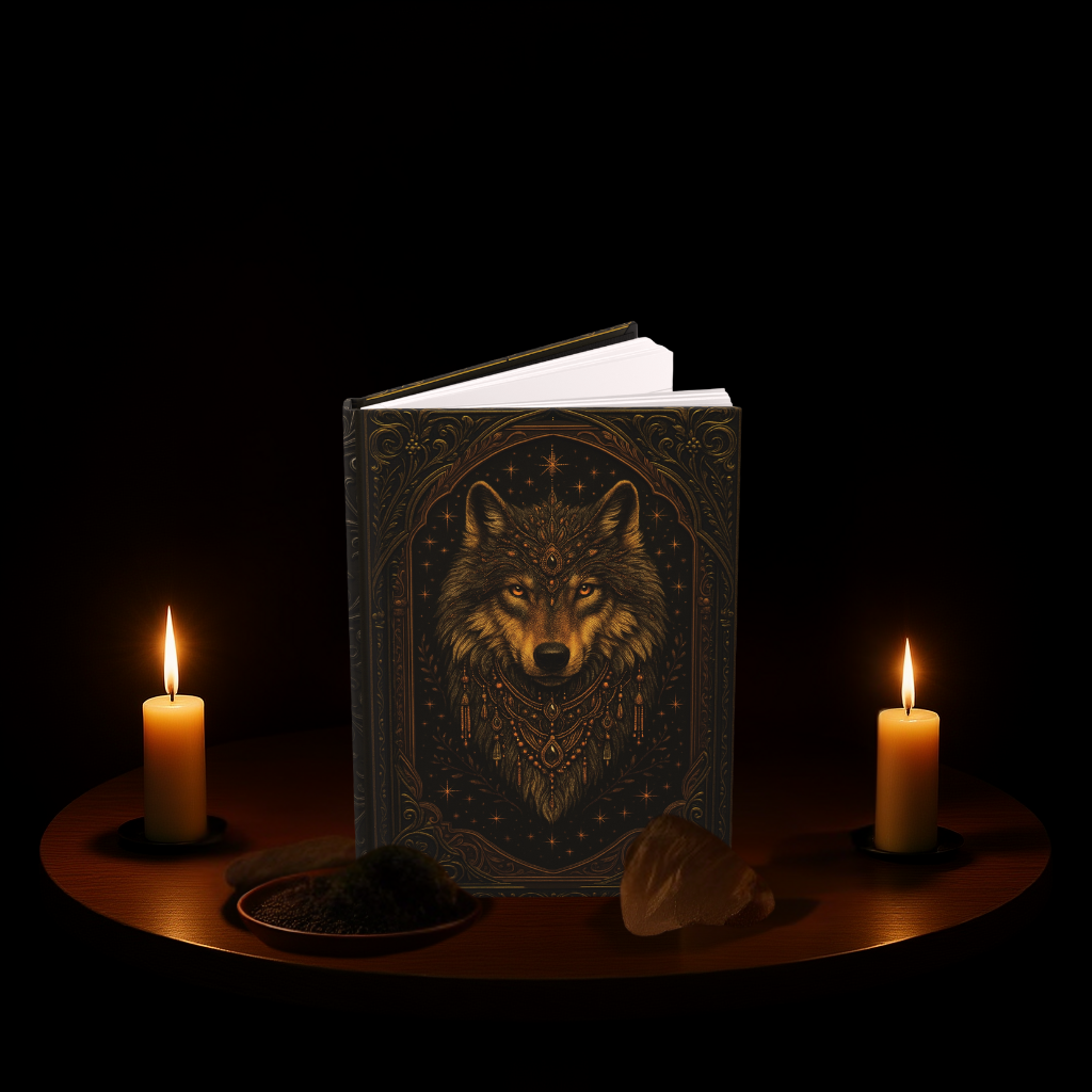 Book with wolf illustration on cover surrounded by candles on a dark background
