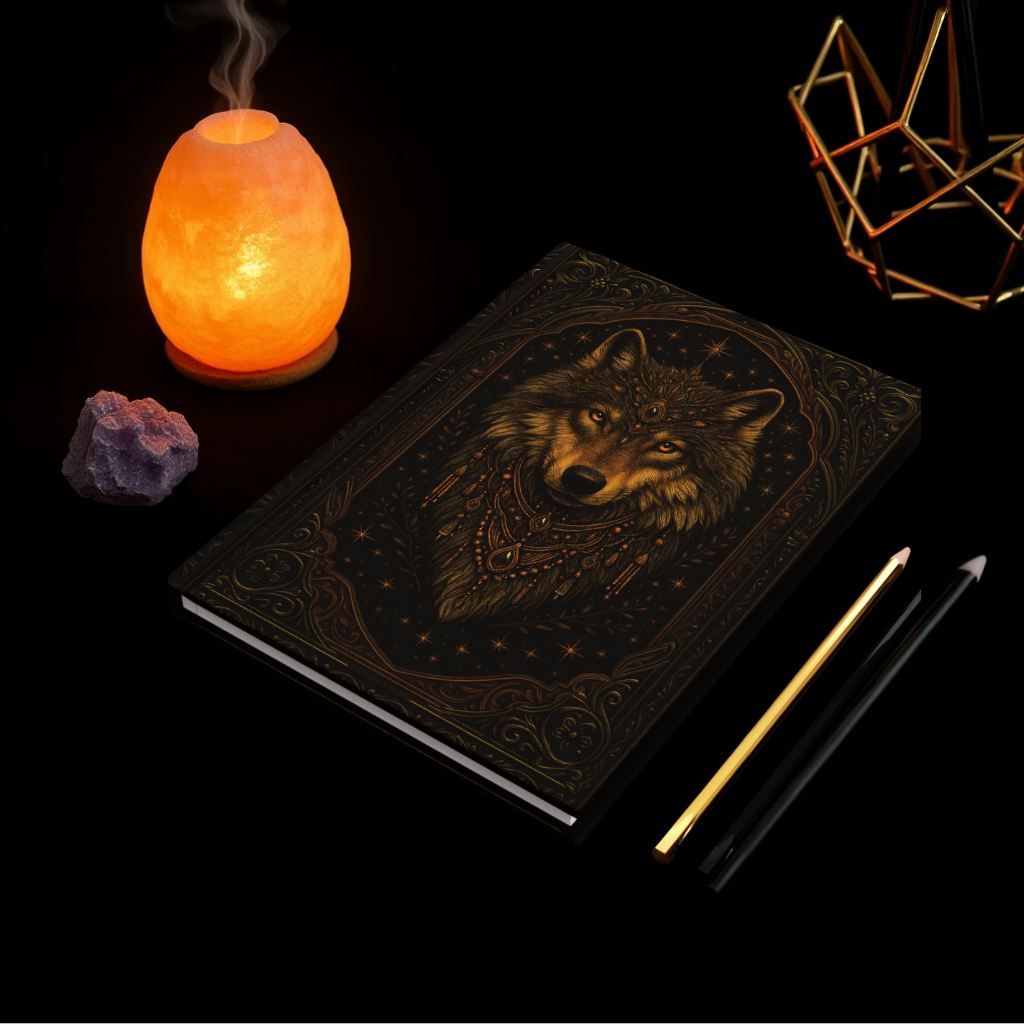 Mystical Wolf Journal with Celestial Wrap Art – Boho Hardcover Notebook for Writers & Dreamers – Optional Personalized Back