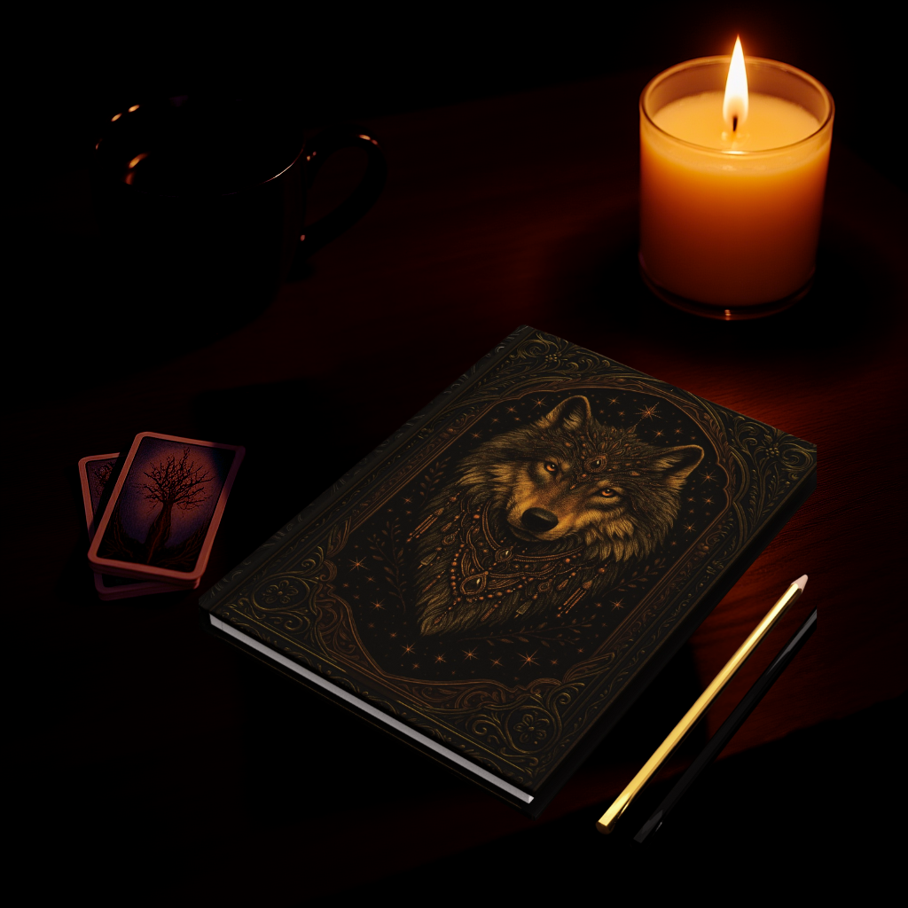 Mystical Wolf Journal with Celestial Wrap Art – Boho Hardcover Notebook for Writers & Dreamers – Optional Personalized Back