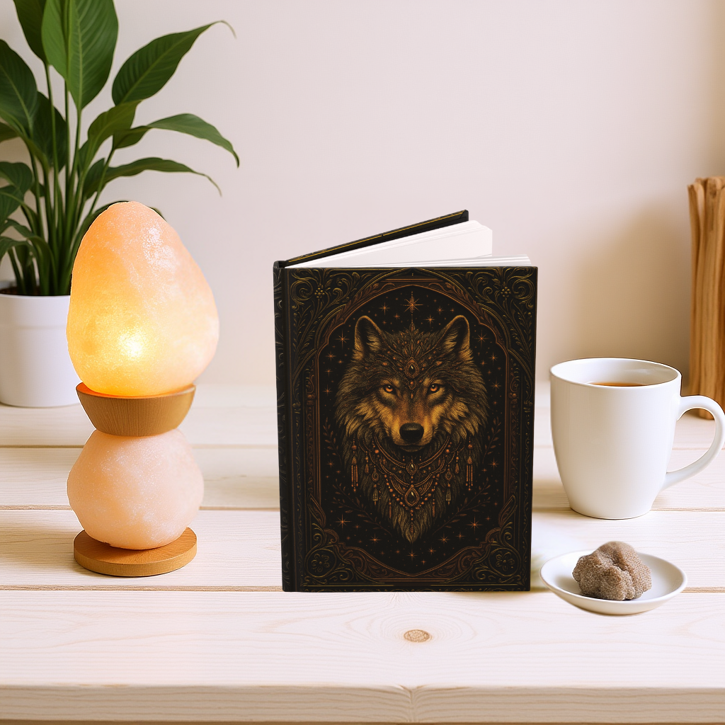 Mystical Wolf Journal with Celestial Wrap Art – Boho Hardcover Notebook for Writers & Dreamers – Optional Personalized Back