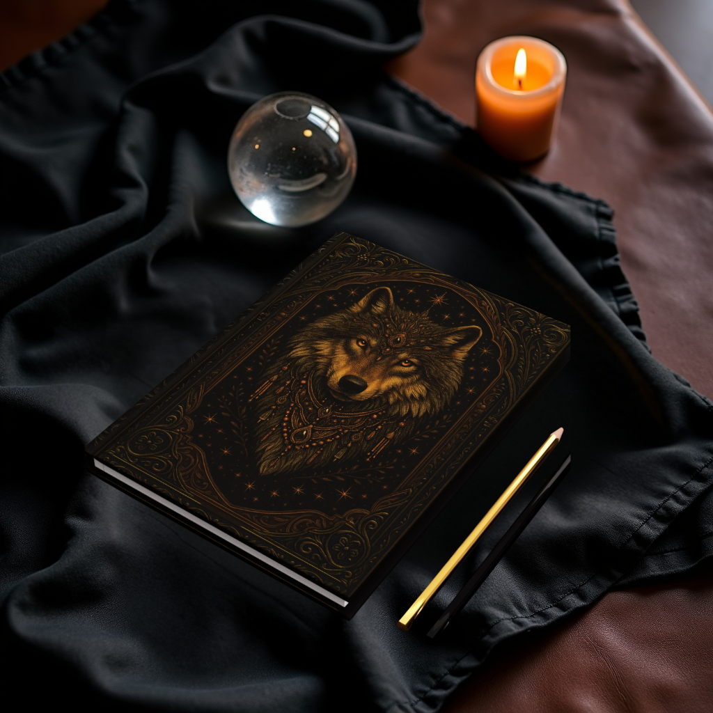 Mystical Wolf Journal with Celestial Wrap Art – Boho Hardcover Notebook for Writers & Dreamers – Optional Personalized Back