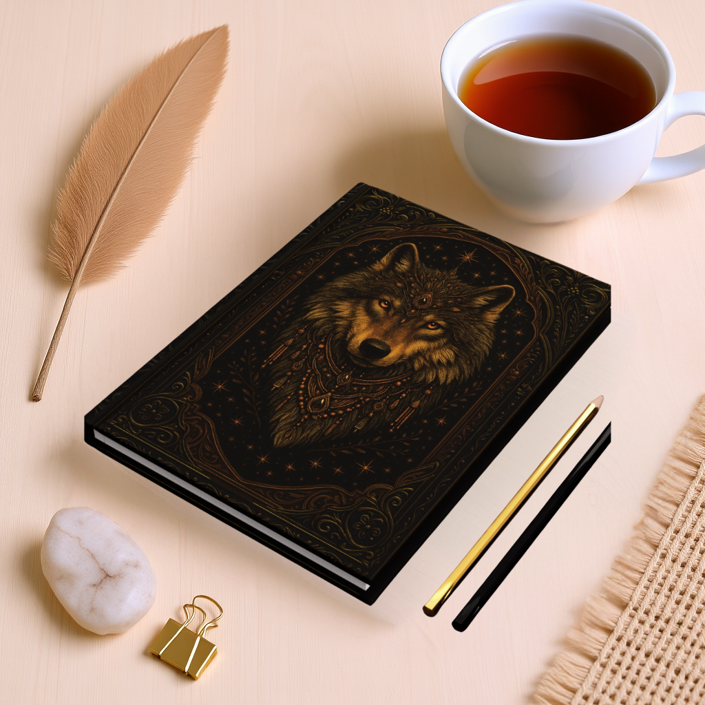 Mystical Wolf Journal with Celestial Wrap Art – Boho Hardcover Notebook for Writers & Dreamers – Optional Personalized Back