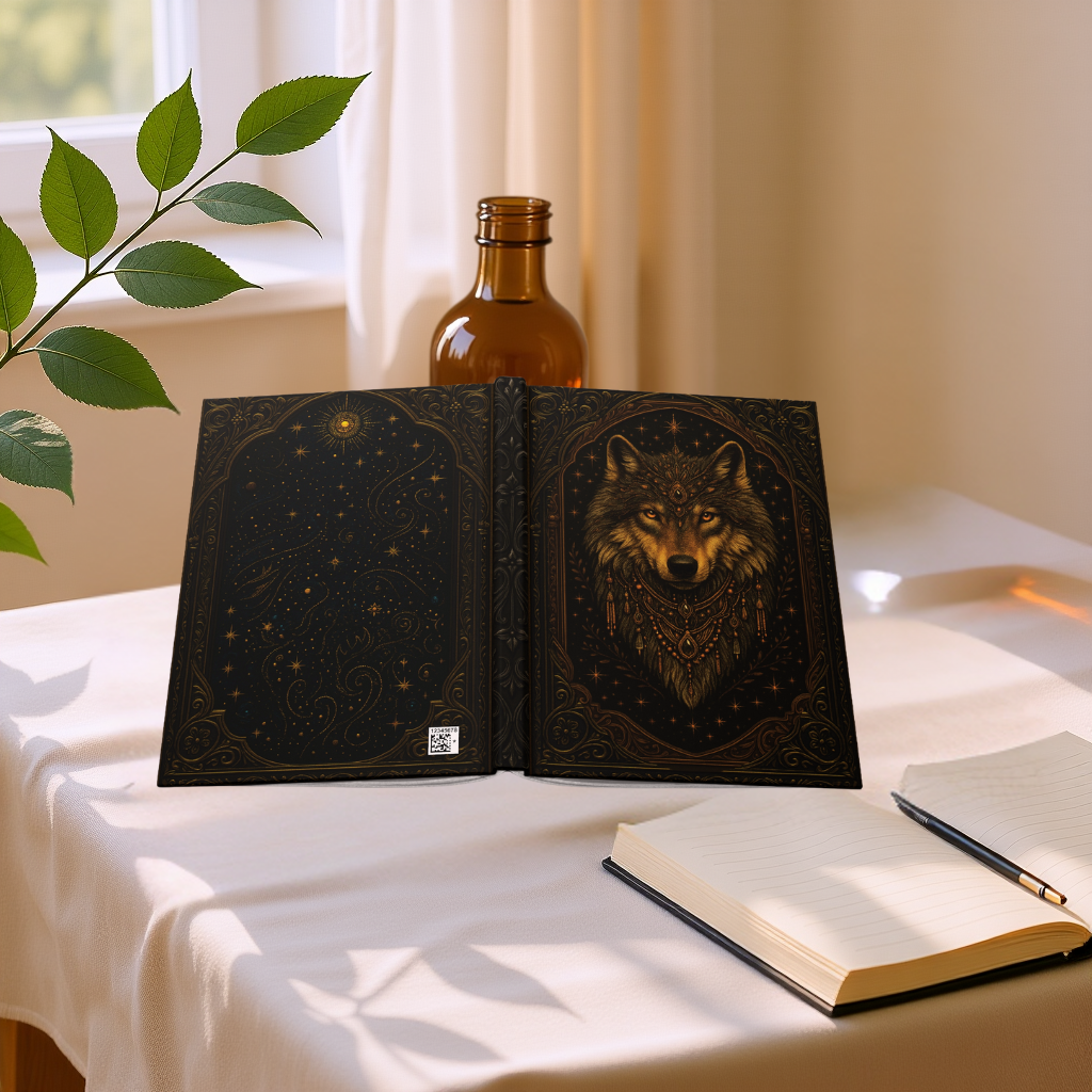 Mystical Wolf Journal with Celestial Wrap Art – Boho Hardcover Notebook for Writers & Dreamers – Optional Personalized Back