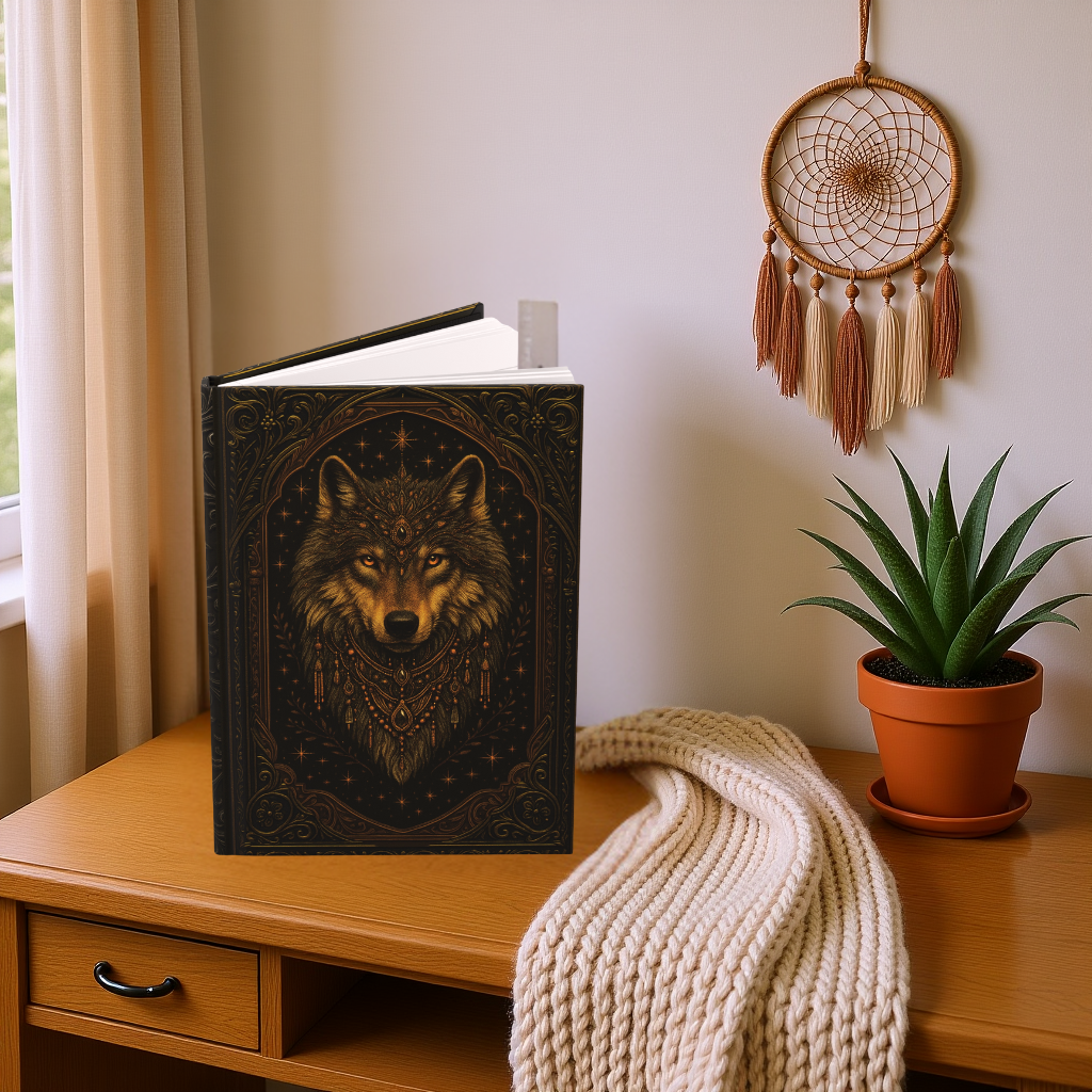 Mystical Wolf Journal with Celestial Wrap Art – Boho Hardcover Notebook for Writers & Dreamers – Optional Personalized Back