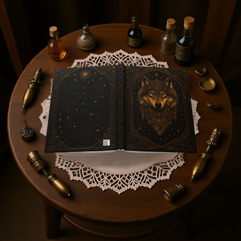 Mystical Wolf Journal with Celestial Wrap Art – Boho Hardcover Notebook for Writers & Dreamers – Optional Personalized Back