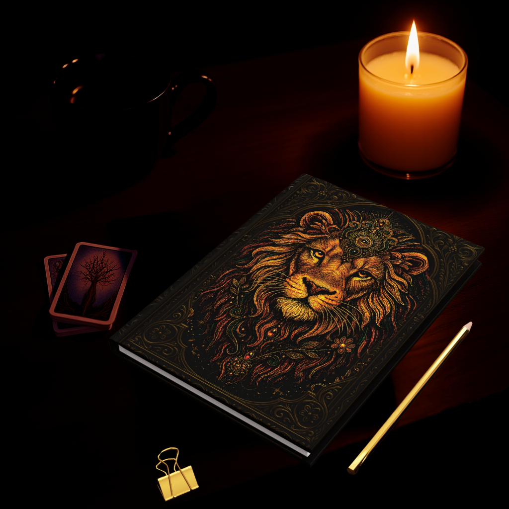 Lion Journal with Celestial Wraparound Art – Courage & Strength Notebook – Boho Hardcover Gift – Optional Personalized Back