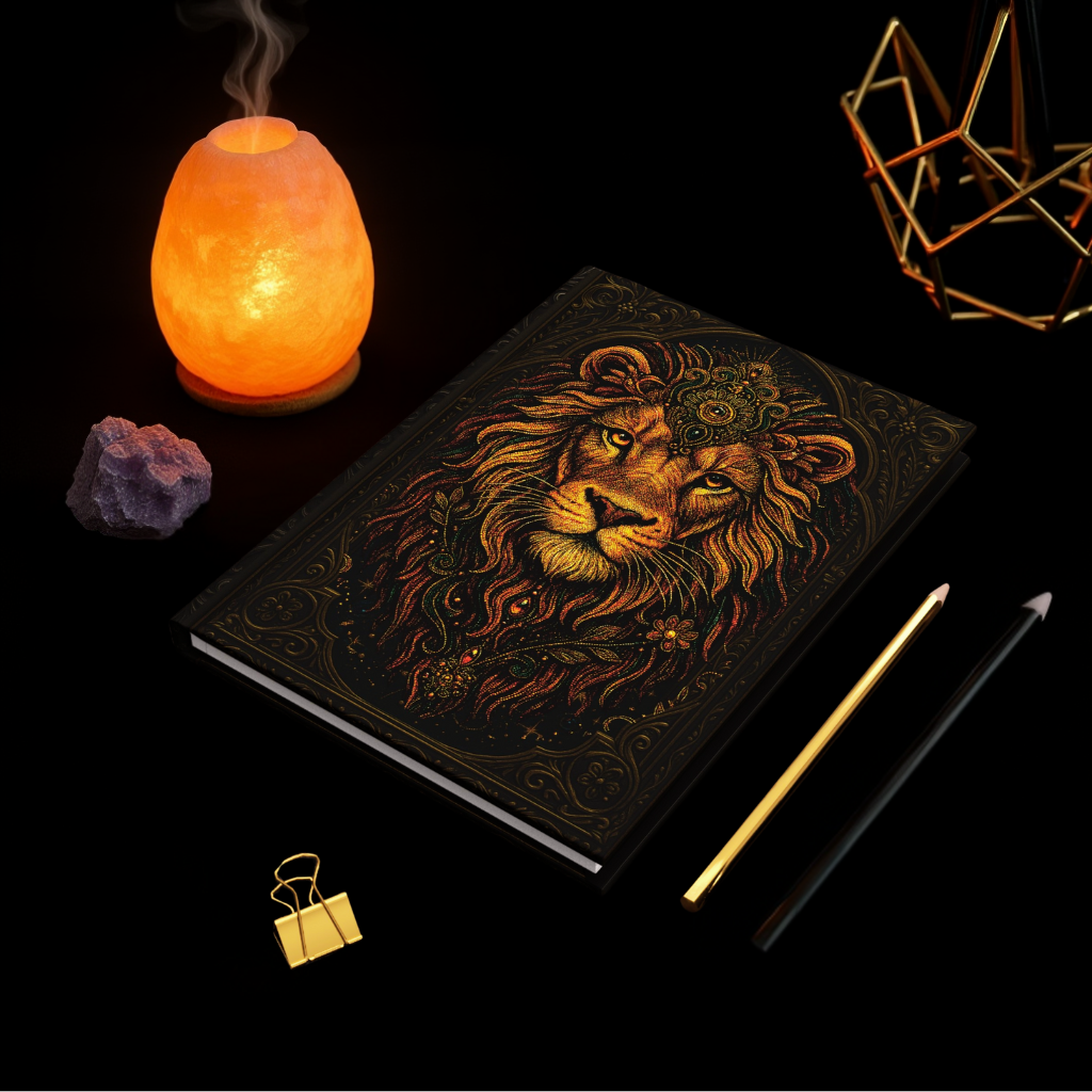 Lion Journal with Celestial Wraparound Art – Courage & Strength Notebook – Boho Hardcover Gift – Optional Personalized Back