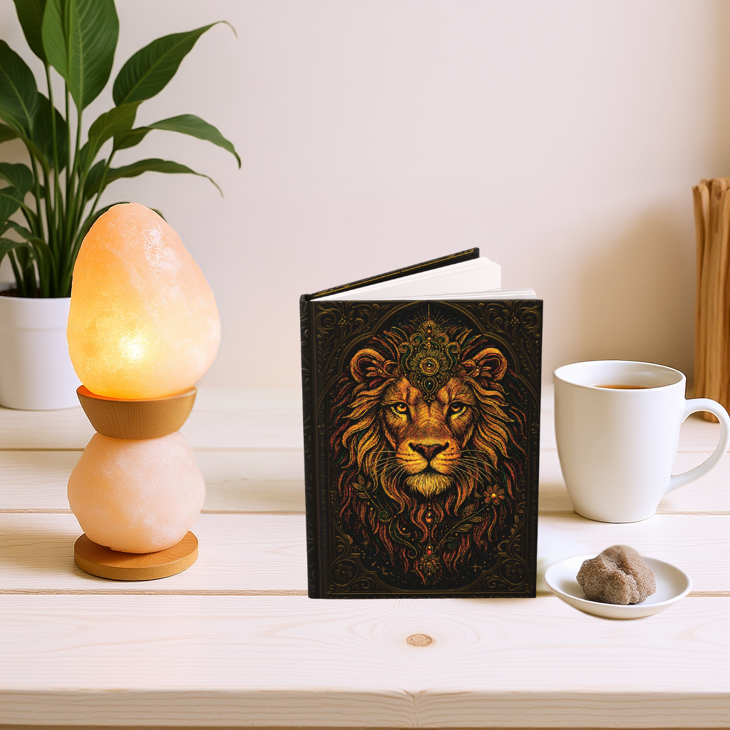 Lion Journal with Celestial Wraparound Art – Courage & Strength Notebook – Boho Hardcover Gift – Optional Personalized Back