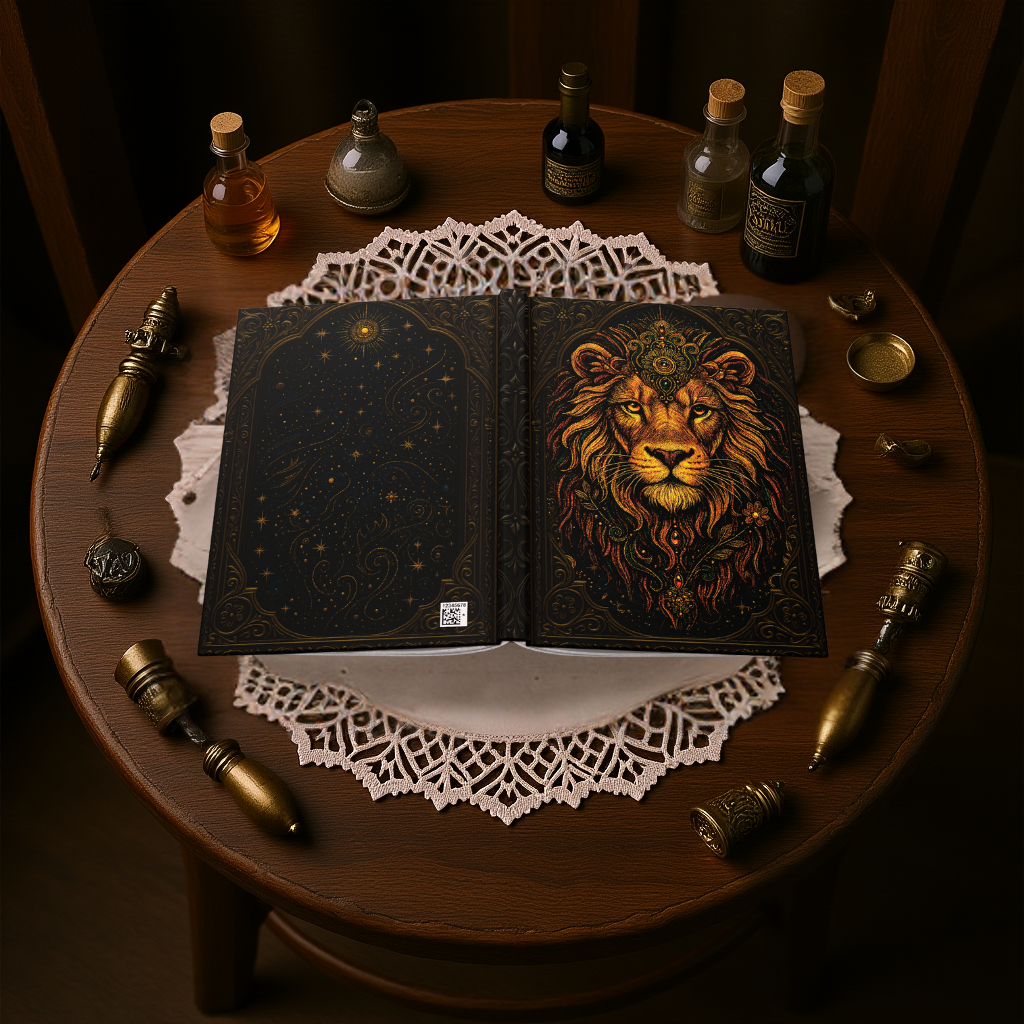Lion Journal with Celestial Wraparound Art – Courage & Strength Notebook – Boho Hardcover Gift – Optional Personalized Back