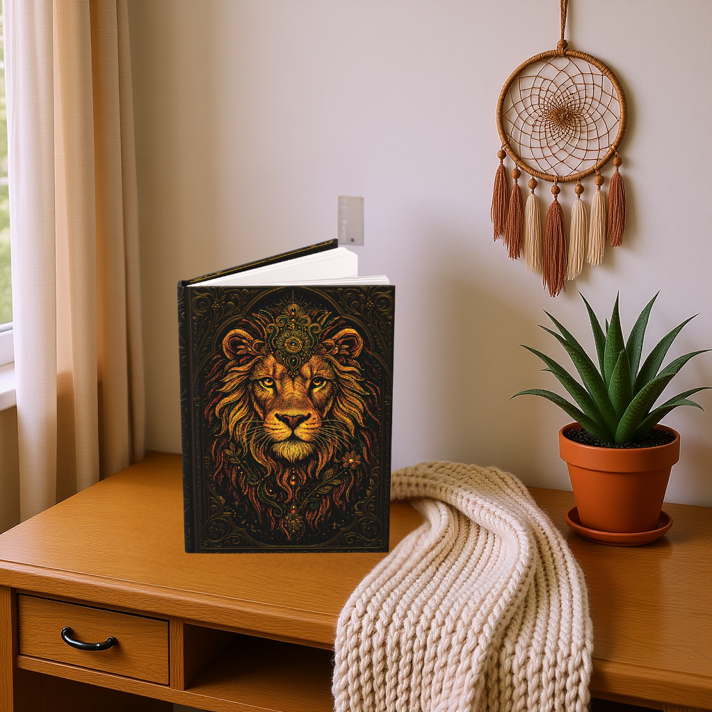 Lion Journal with Celestial Wraparound Art – Courage & Strength Notebook – Boho Hardcover Gift – Optional Personalized Back