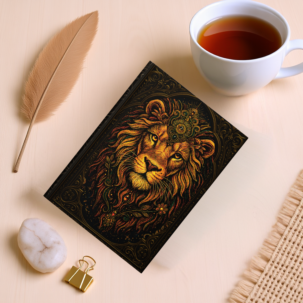 Lion Journal with Celestial Wraparound Art – Courage & Strength Notebook – Boho Hardcover Gift – Optional Personalized Back