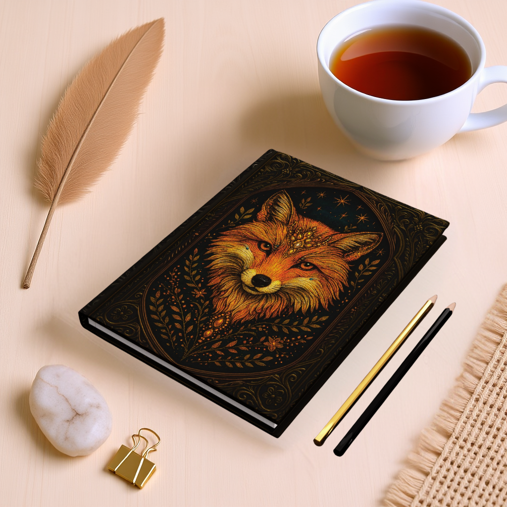 Mystical Fox Journal with Celestial Wraparound Art – Hardcover Writing Notebook – Spiritual Boho Gift – Optional Personalized Back