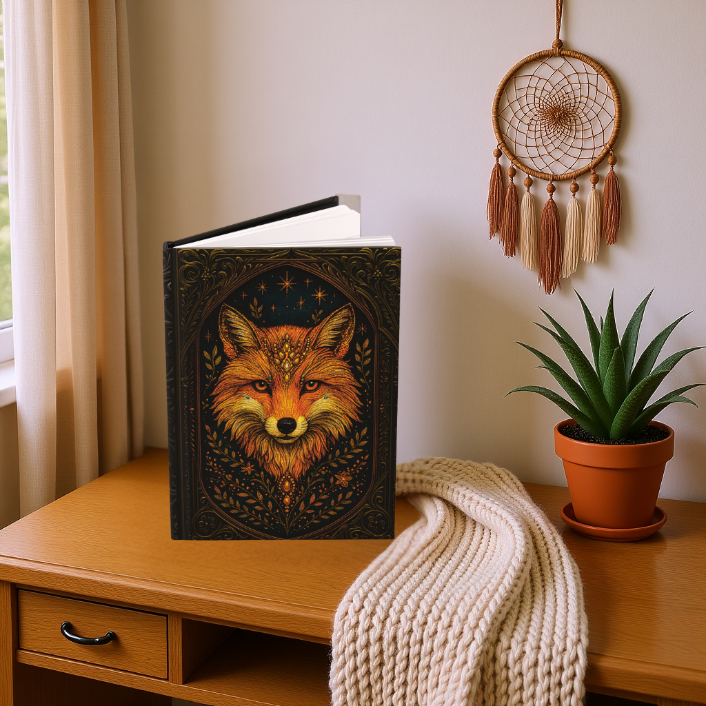 Mystical Fox Journal with Celestial Wraparound Art – Hardcover Writing Notebook – Spiritual Boho Gift – Optional Personalized Back